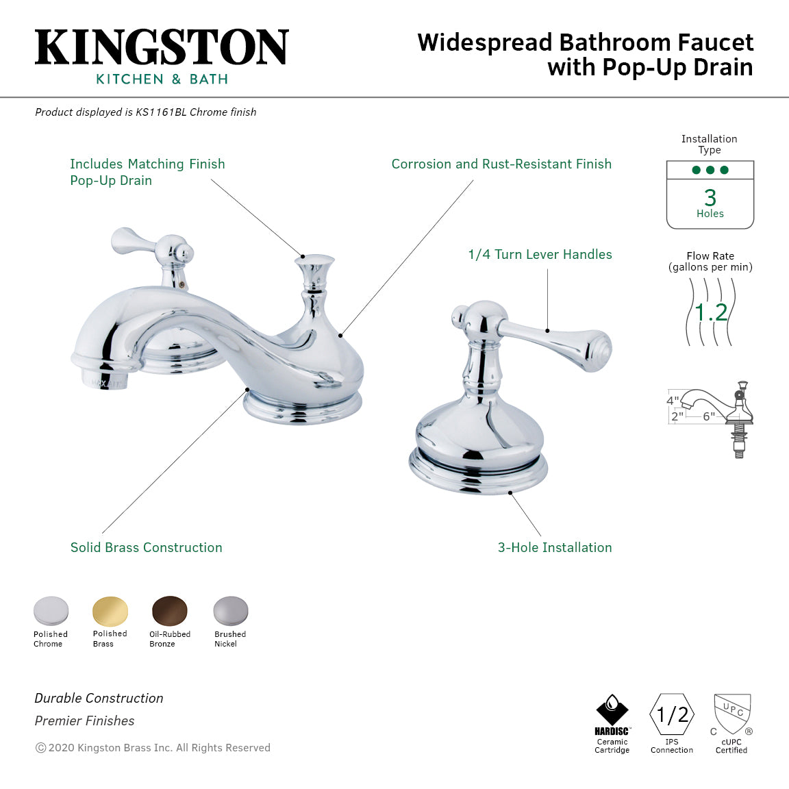 Kingston Tulare KS1161BL - Vintage Two-Handle 3-Hole Deck Mount Widespread Bathroom Faucet with Brass Pop-Up, Polished Chrome — image 1